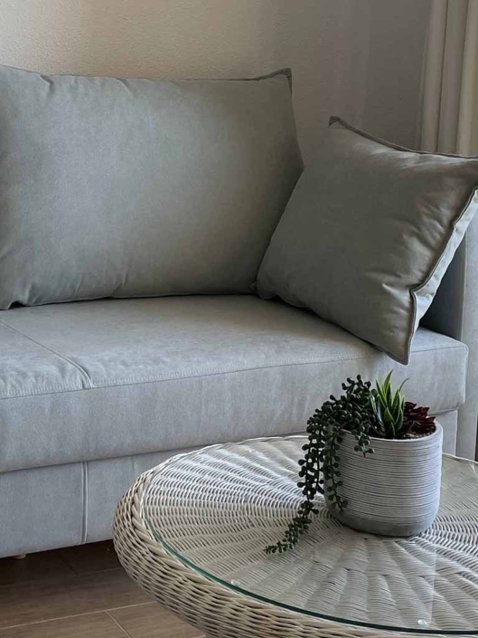 sofa gris claro mesa auxiliar blanca maceta planta